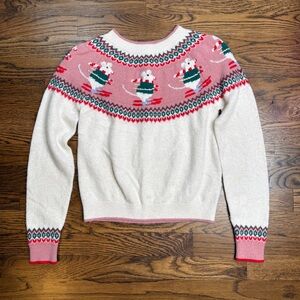Mini Boden Girls Pink and White Fair Isle in Ecru Marl Skiing Mice Sweater 11-12